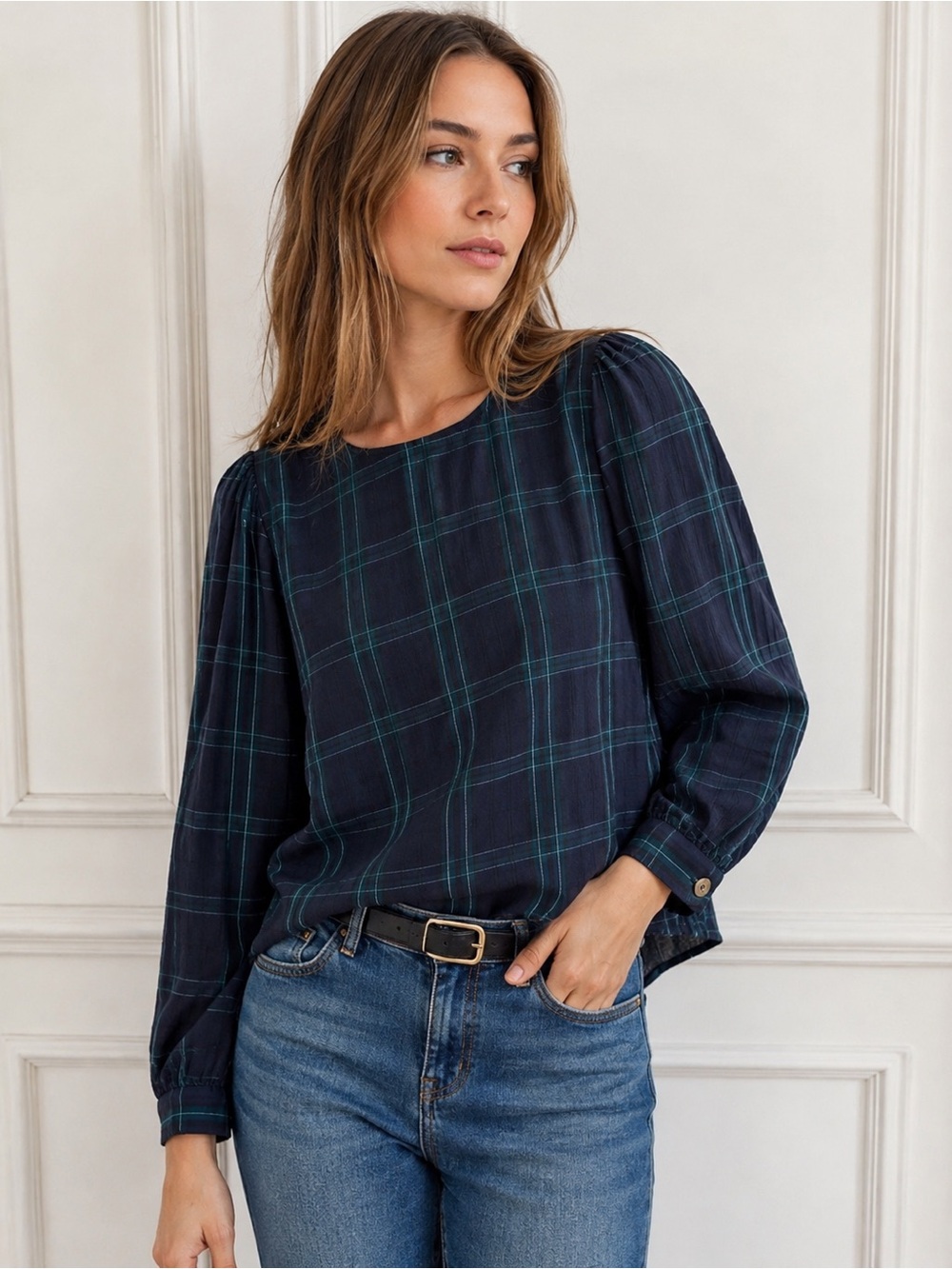 Zara Navy Plaid Tartan with Billowy Long-Sleeve Blouse VISCOSE